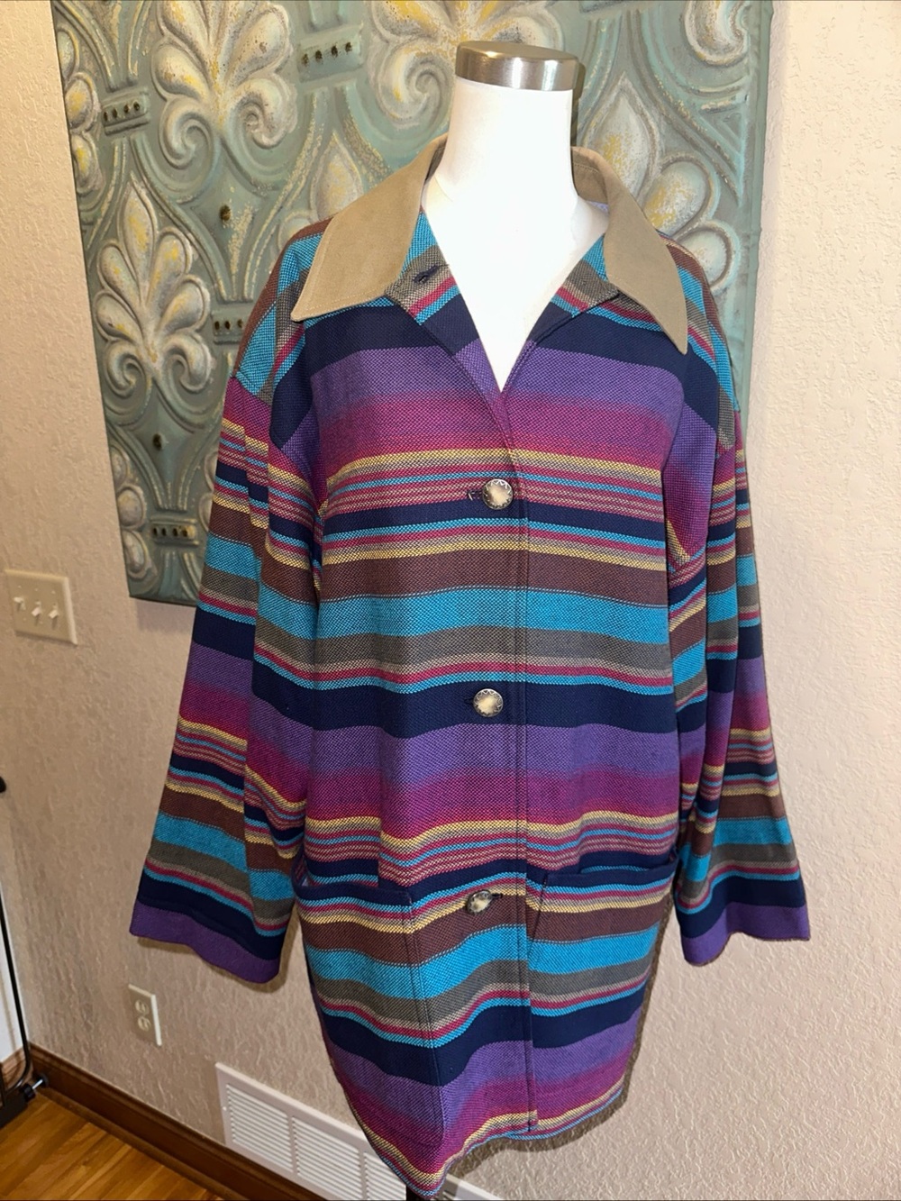 Vintage David Brooks USA Striped 100% Cotton Jacket Southwestern Western Size 14